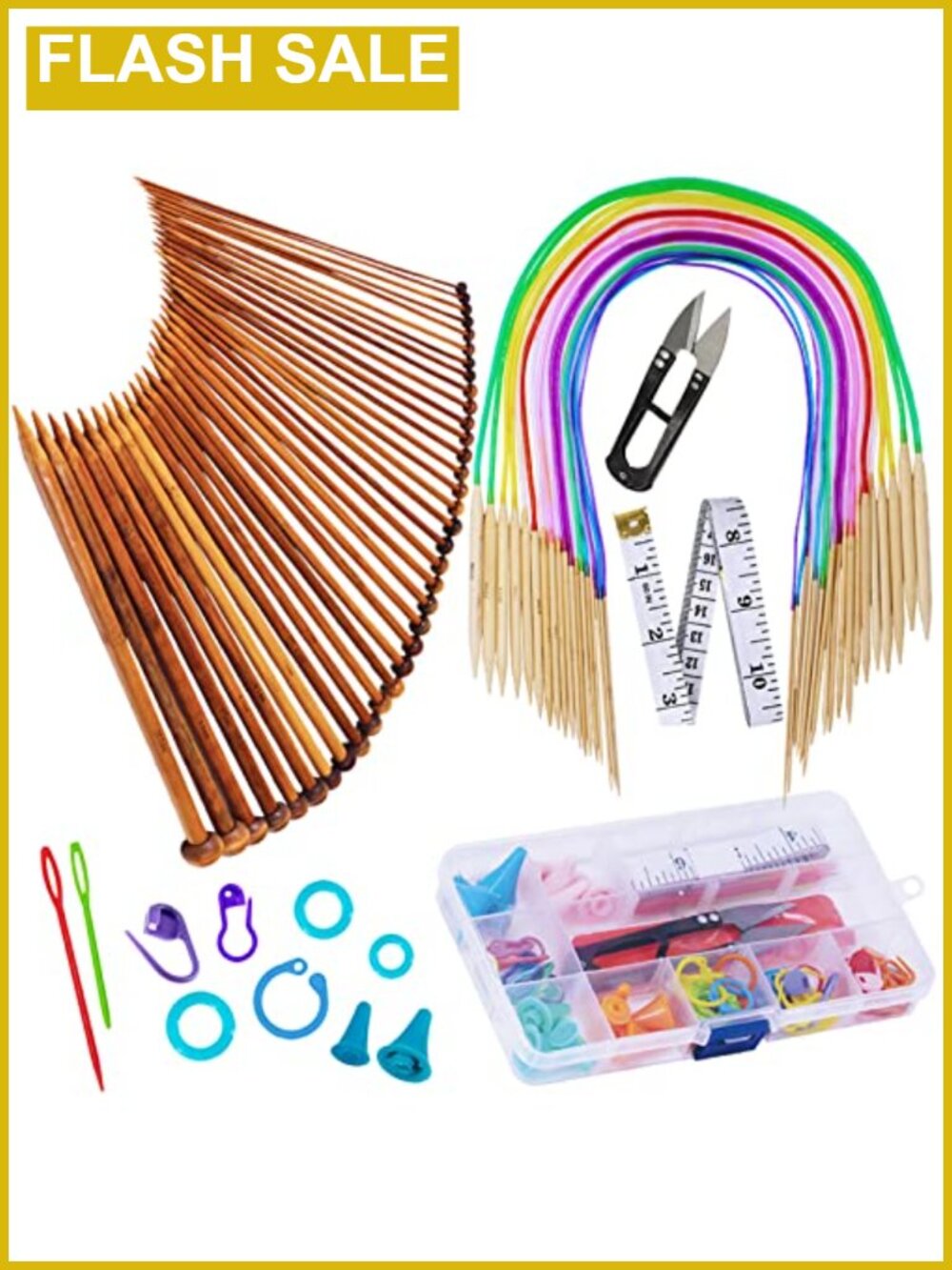 Bamboo Knitting Needles Set 18 Pairs Circular 31.5in & 36pc Single Pointed 9.5in